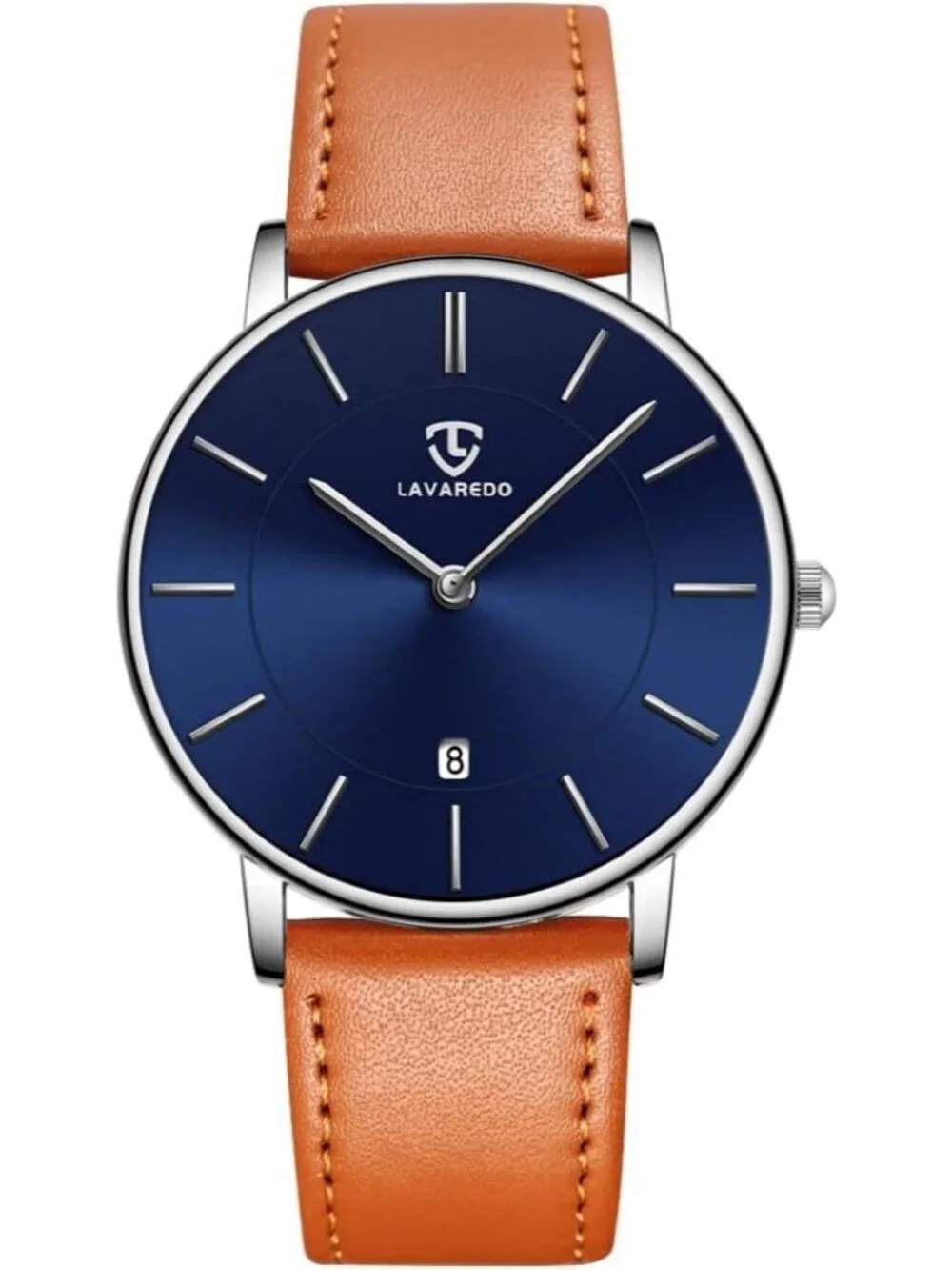 Mens Blue Dial Orange Leather Strap Analog Minimalist Fashion Simple Wrist Watch